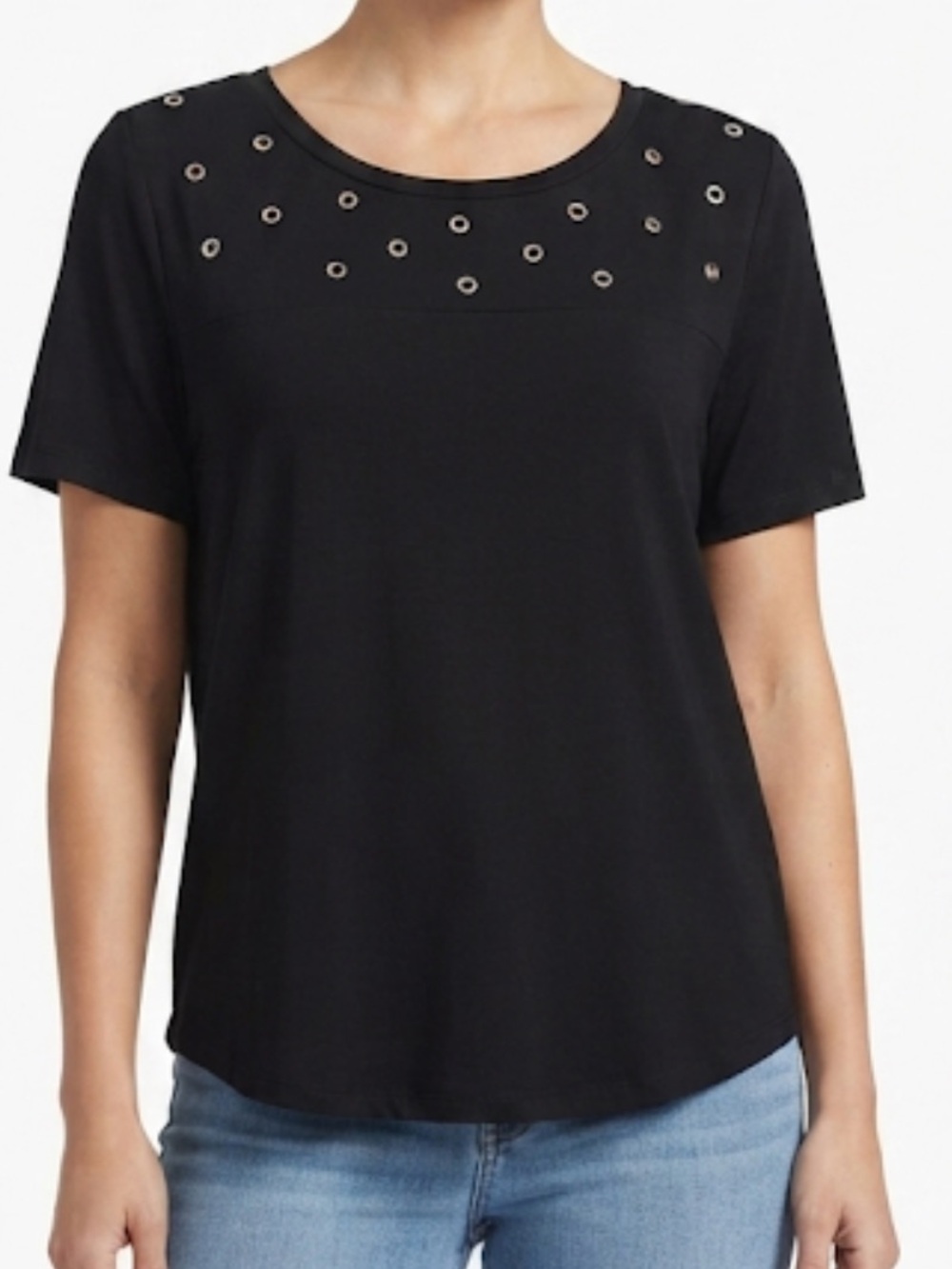 August Silk Women’s Black Short-Sleeve Tee with Eyelet Detail Size Large